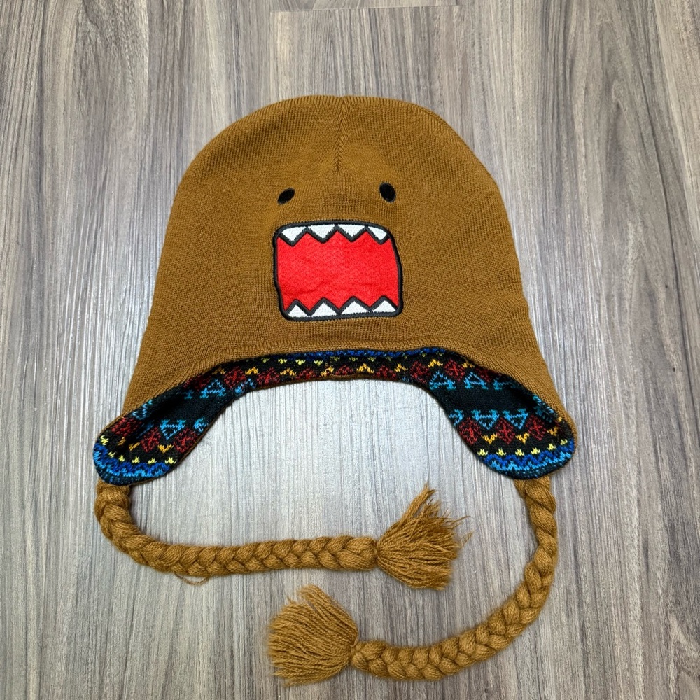 Domo Kun Beanie Trapper Hat Cap Ear Flaps Braids Reversible Aztec Rare Adult